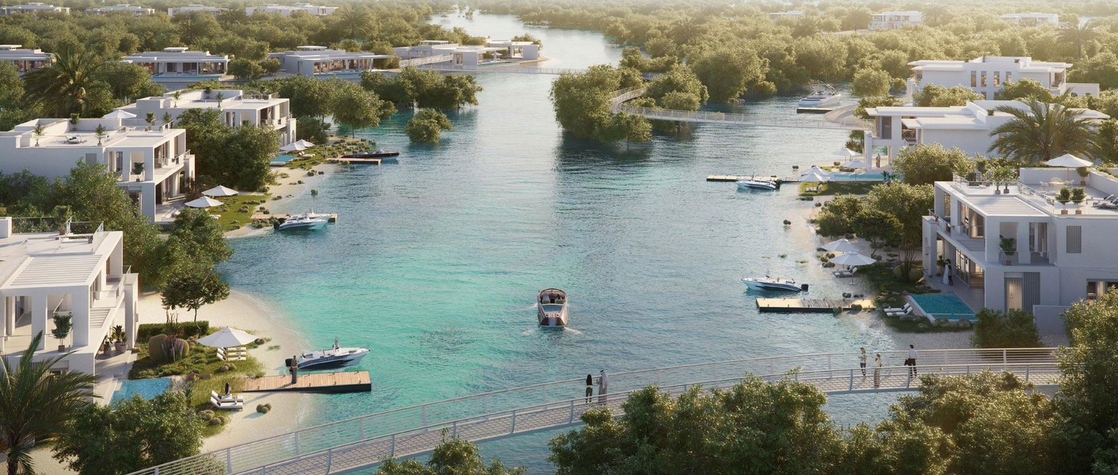 Aerial view of the waterfront villa community on Ramhan Island, Abu Dhabi, showcasing natural surroundings and luxury living